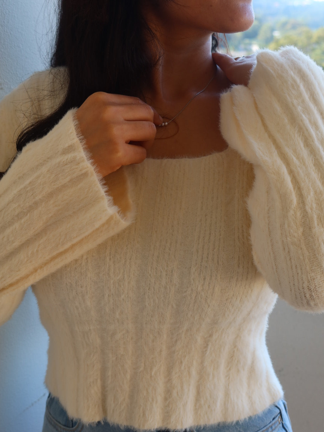 Square Neck Fuzzy Long Sleeve Top